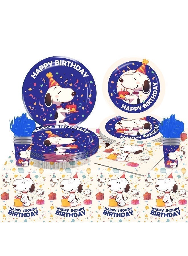 81 PCS Snoopy Party Decoration Set -Paper Plates, Paper Cups, Napkins, Tablecloths, Knives, Forks and Spoons - 10 Servings - Image 1